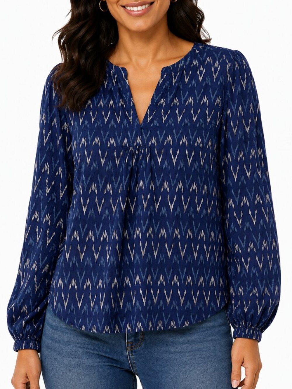 J. Crew Navy Ikat Chevron Split V-Neck Long-Sleeve Blouse